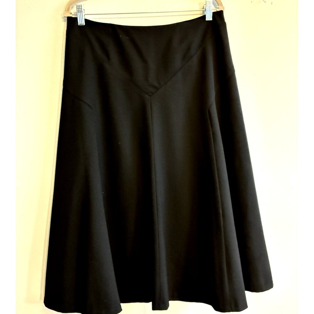 VTG 90s Ralph Lauren Black Wool Yoke Paneled Flared Midi Skirt 12 Minimalist L